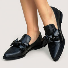 Black Textured Loafers with Oversized Bow for Women