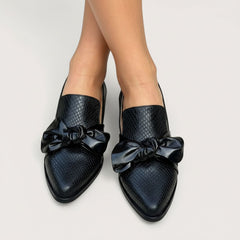Black Textured Loafers with Oversized Bow for Women