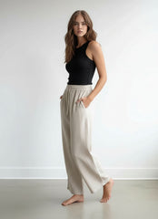 Wide-Leg Linen Trousers with Elastic Waist for Women