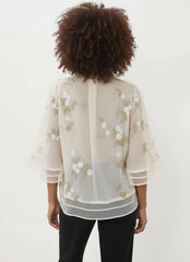 Sheer Floral Embroidered Button-Up Blouse for Women