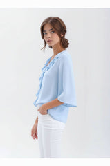 V-Neck Ruffle Trim 3/4 Sleeve Blouse for Women