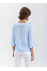 V-Neck Ruffle Trim 3/4 Sleeve Blouse for Women