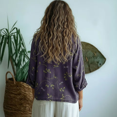 Linen Floral Button-Up Long Sleeve Blouse for Women