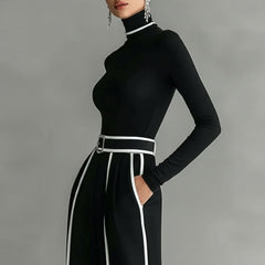 Contrast Stripe Wide-Leg Trouser & Turtleneck Two-Piece Set for Women