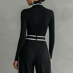 Contrast Stripe Wide-Leg Trouser & Turtleneck Two-Piece Set for Women
