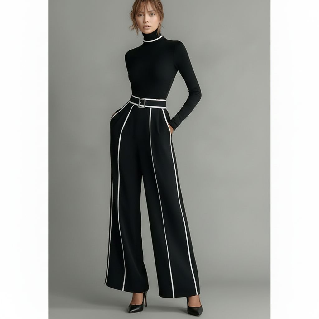 Contrast Stripe Wide-Leg Trouser & Turtleneck Two-Piece Set for Women