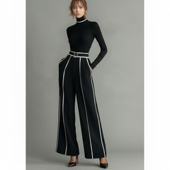 Contrast Stripe Wide-Leg Trouser & Turtleneck Two-Piece Set for Women