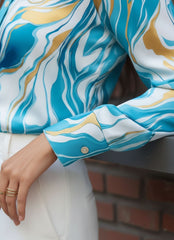 Long-Sleeve Satin Marble-Print Button Blouse for Women