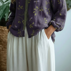 Linen Floral Button-Up Long Sleeve Blouse for Women