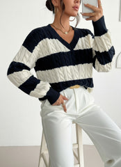Striped V-Neck Chunky Knit Sweater for Women