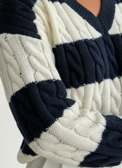 Striped V-Neck Chunky Knit Sweater for Women