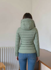 Hooded Puffer Jacket with Faux Fur Trim for Women