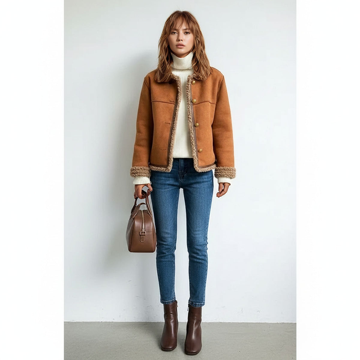 Faux Shearling Lined Zip-Up Aviator Jacket