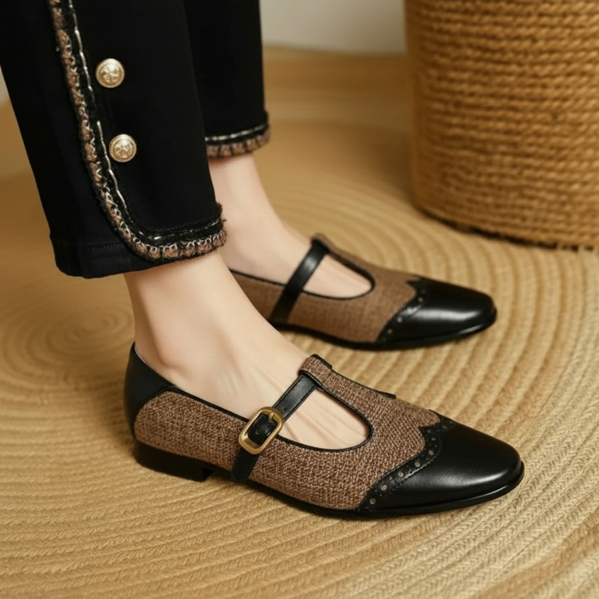 T-Bar Tweed Flats with Buckle for Women