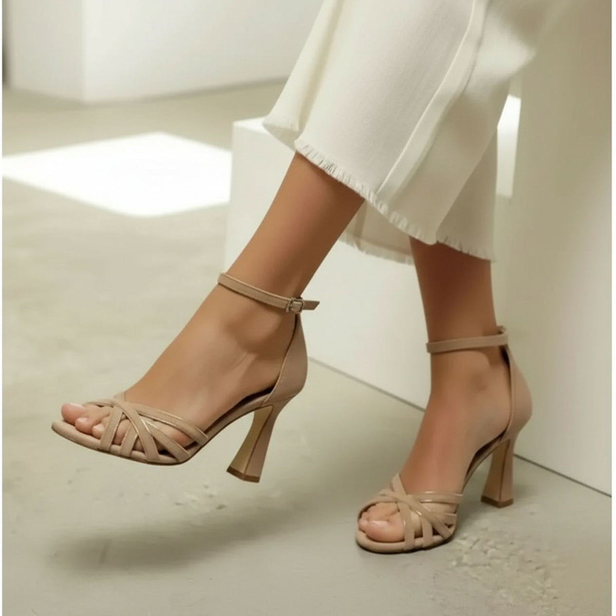 Strappy Block Heel Sandals in Nude for Women