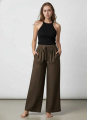 Wide-Leg Linen Trousers with Elastic Waist for Women