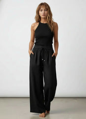 Wide-Leg Linen Trousers with Elastic Waist for Women