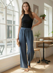 Wide-Leg Linen Trousers with Elastic Waist for Women