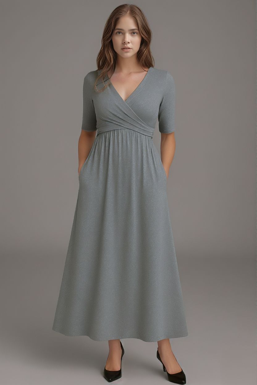 Short-Sleeve Midi Dress with V-Neck for Women