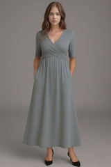 Short-Sleeve Midi Dress with V-Neck for Women