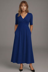 Short-Sleeve Midi Dress with V-Neck for Women