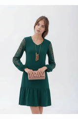 Long-Sleeve A-Line Dress with Lace Detail for Women