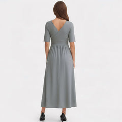 Short-Sleeve Midi Dress with V-Neck for Women