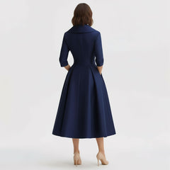 V-Neck Fit and Flare Midi Dress with Long Sleeves for Women