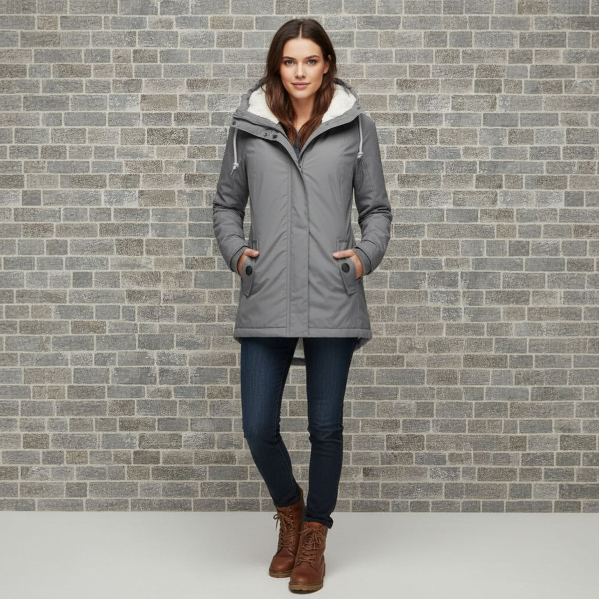 Hooded Sherpa-Lined Zip-Up Winter Parka Jacket for Women