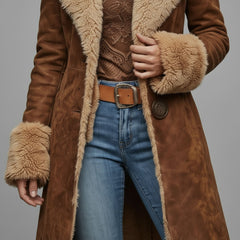 Faux Suede Shearling-Lined Longline Winter Coat for Women