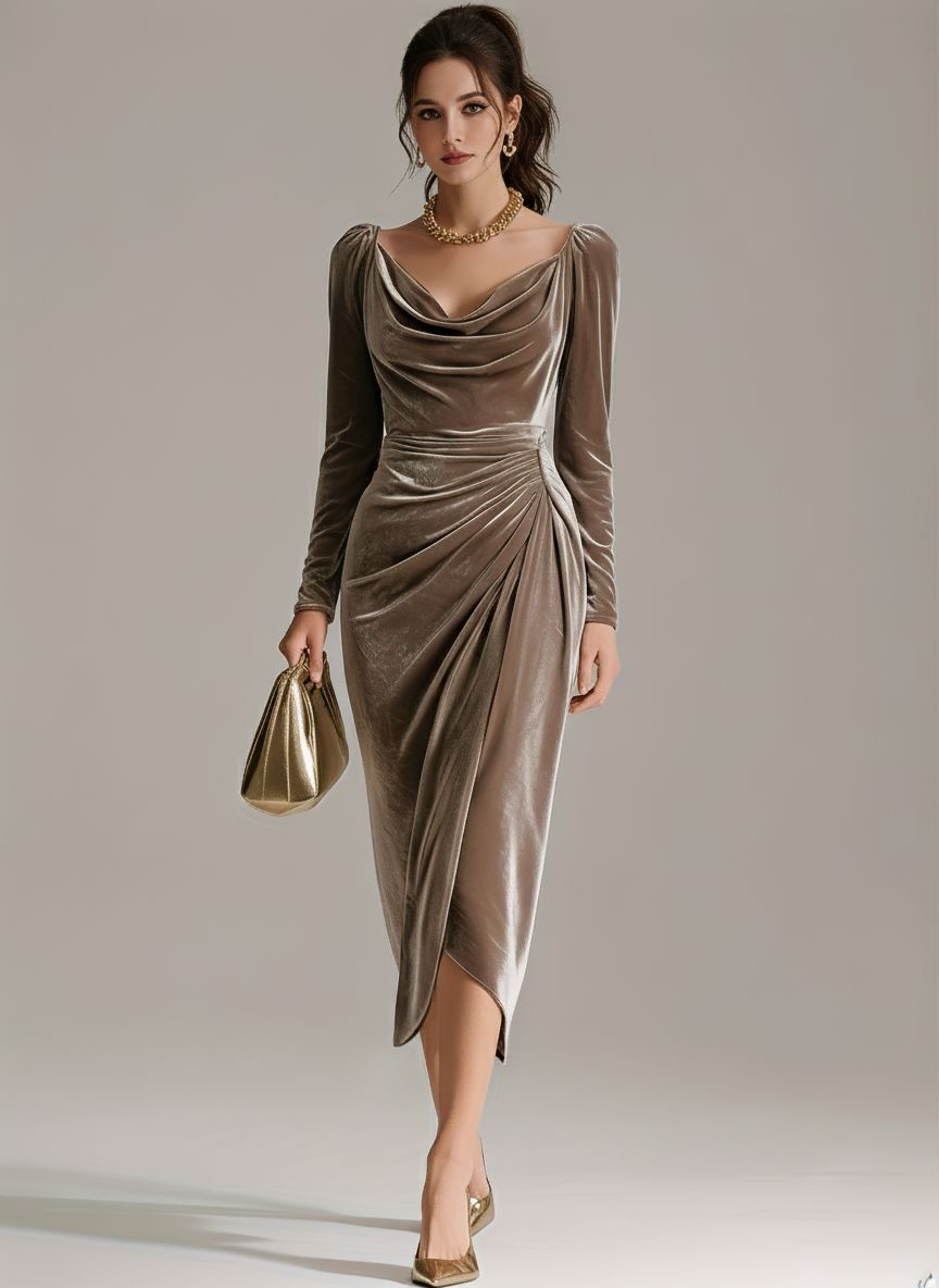 Long Sleeve Draped Satin Midi Dress for Women