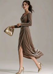 Long Sleeve Draped Satin Midi Dress for Women
