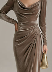 Long Sleeve Draped Satin Midi Dress for Women