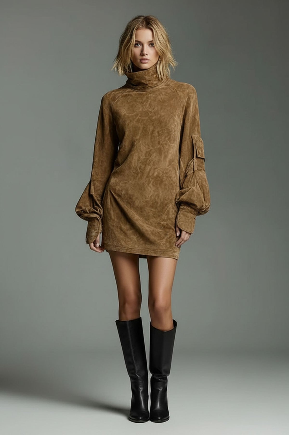 Faux Suede Turtleneck Long Sleeve Mini Dress for Women