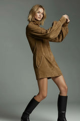 Faux Suede Turtleneck Long Sleeve Mini Dress for Women