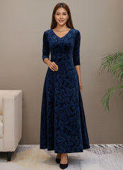 V-Neck Long Sleeve Velvet Floral Midi Dress for Women