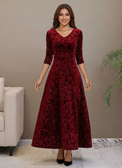V-Neck Long Sleeve Velvet Floral Midi Dress for Women