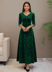 V-Neck Long Sleeve Velvet Floral Midi Dress for Women