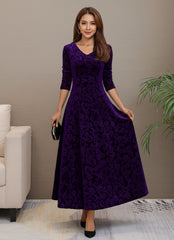 V-Neck Long Sleeve Velvet Floral Midi Dress for Women