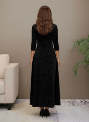V-Neck Long Sleeve Velvet Floral Midi Dress for Women