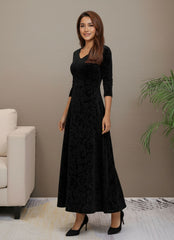 V-Neck Long Sleeve Velvet Floral Midi Dress for Women