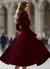Long Sleeve High Neck A-Line Midi Dress for Women