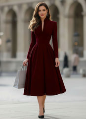 Long Sleeve High Neck A-Line Midi Dress for Women