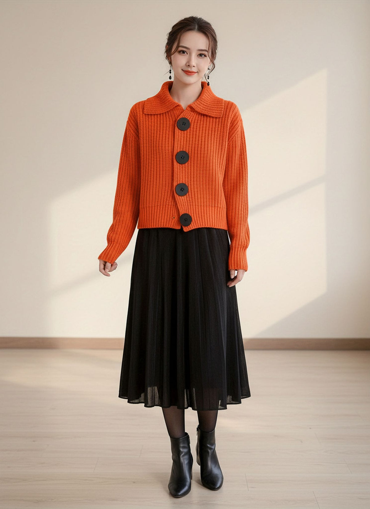Collared Chunky Knit Button Front Cardigan for Women