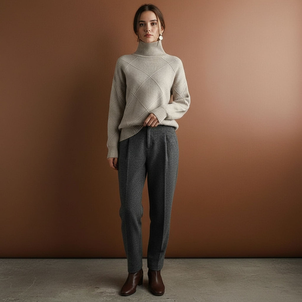Textured Diamond Knit Turtleneck Sweater for Women