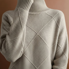 Textured Diamond Knit Turtleneck Sweater for Women