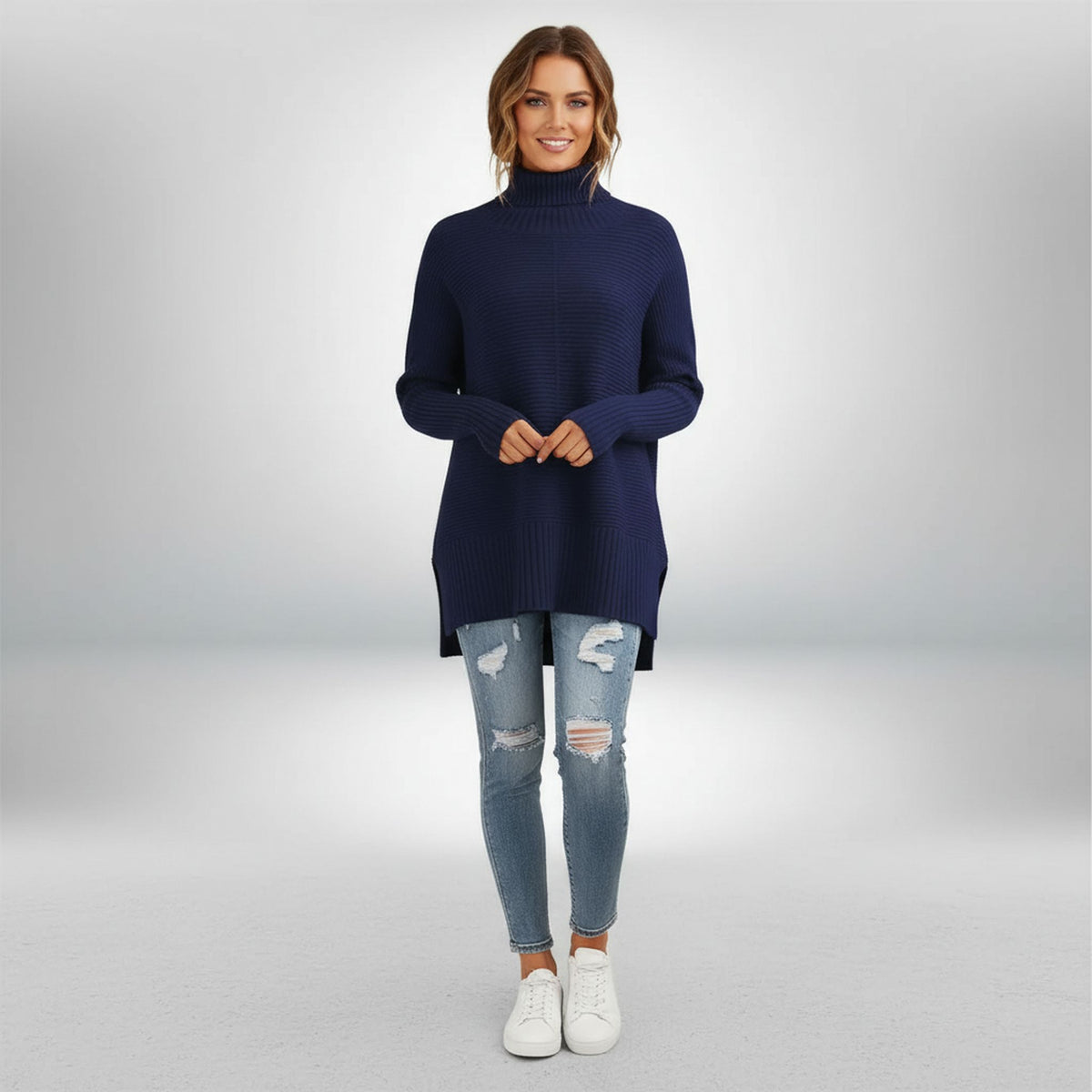Oversized Ribbed Knit Turtleneck Jumper for Women