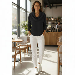 Waffle Knit Cowl Neck Long Sleeve Top for Women