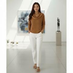 Waffle Knit Cowl Neck Long Sleeve Top for Women