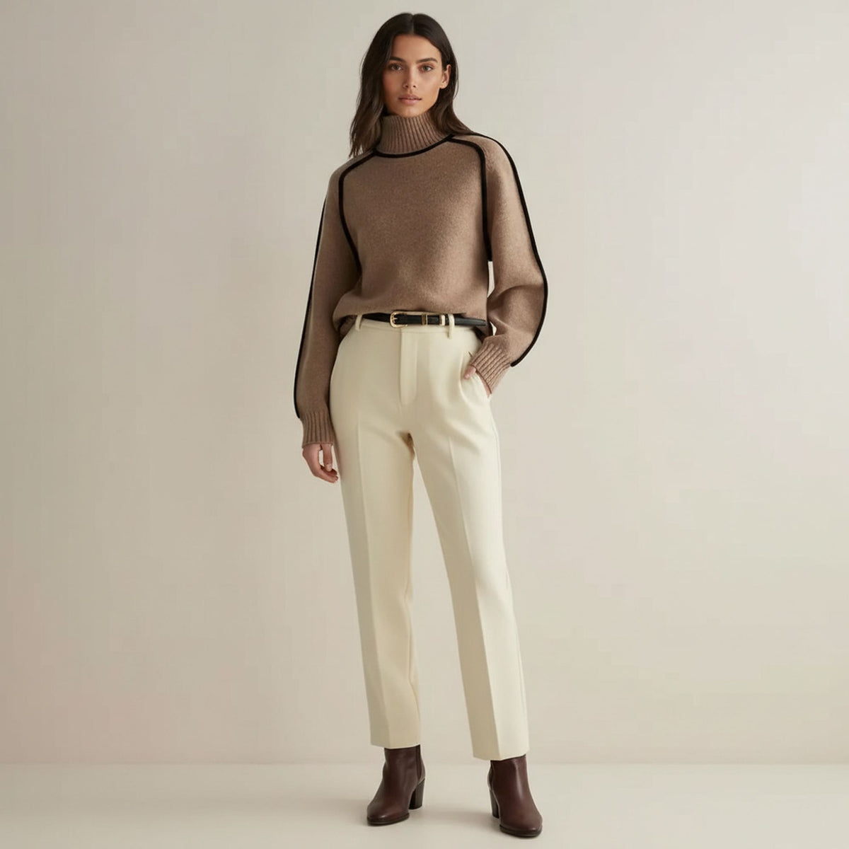 Contrast Trim Turtleneck Knit Sweater for Women